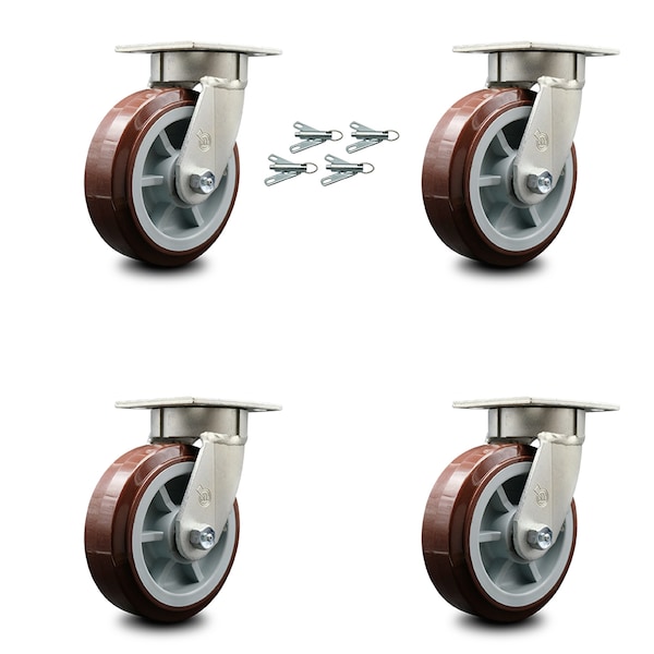 6 Inch Kingpinless Poly on Polyolefin Wheel Swivel Caster Set with Swivel Lock